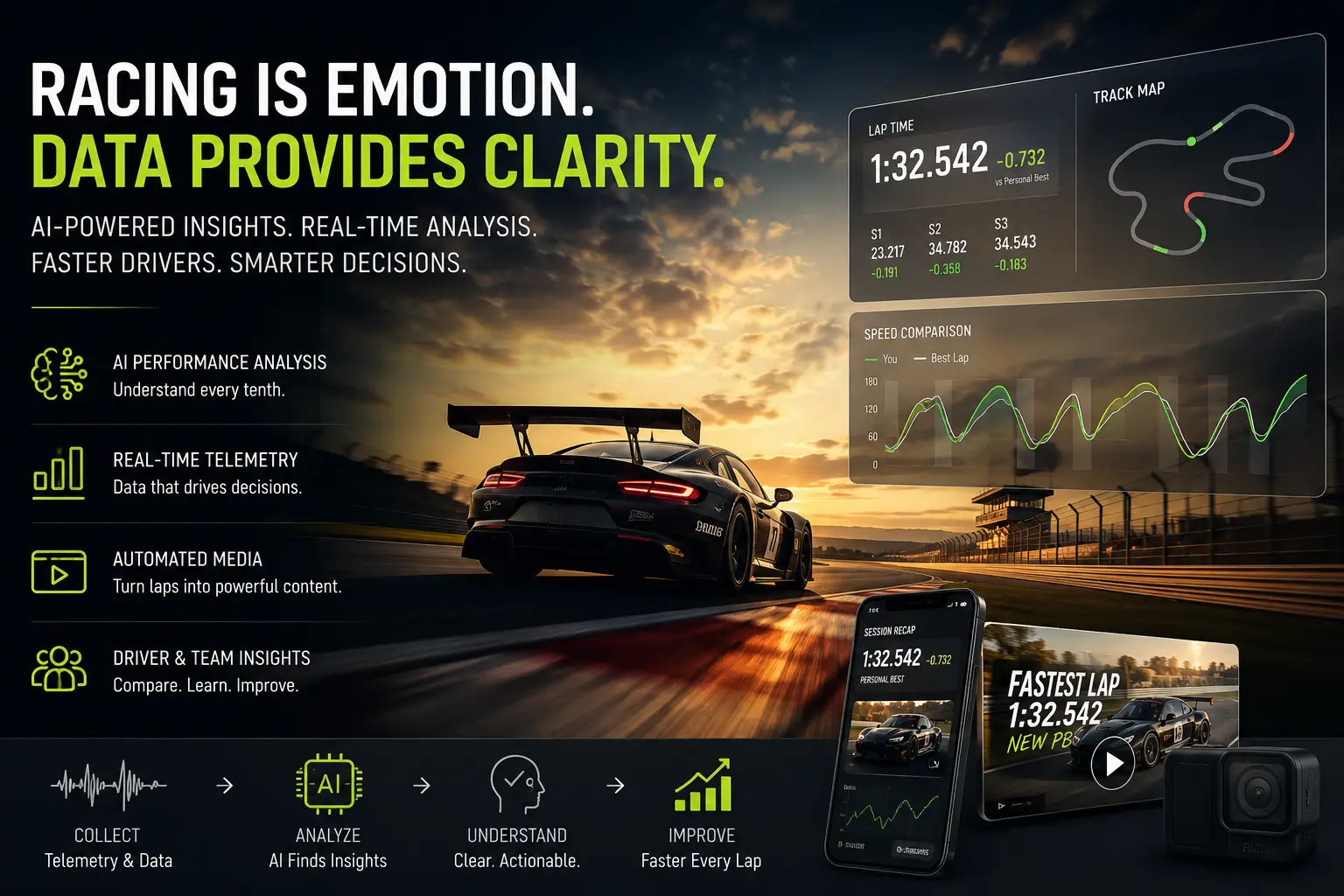 Racing intelligence concept connecting telemetry, analysis, driver insights, and media